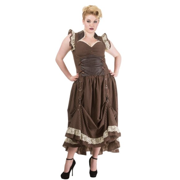 Banned Apparel Brown Long Maxi Black Striped Steampunk Corset Dress - 2XL - Picture 1 of 11